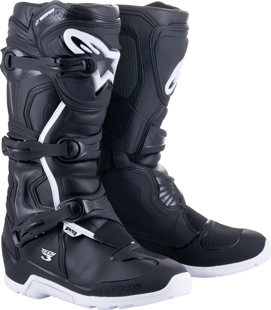 Alpine Star Tech 3 Enduro waterproof motorcycle boots in black and white, size 9, with durable protective features.