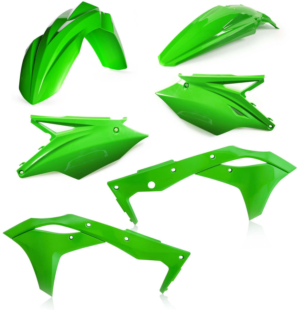 Acerbis green plastic kit with various molded parts for motorcycle or dirt bike repair and customization.