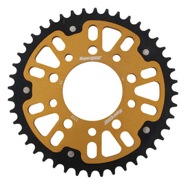Supersprox rear stealth sprocket with 44-tooth aluminum and steel construction, gold finish, designed for motorcycle use.