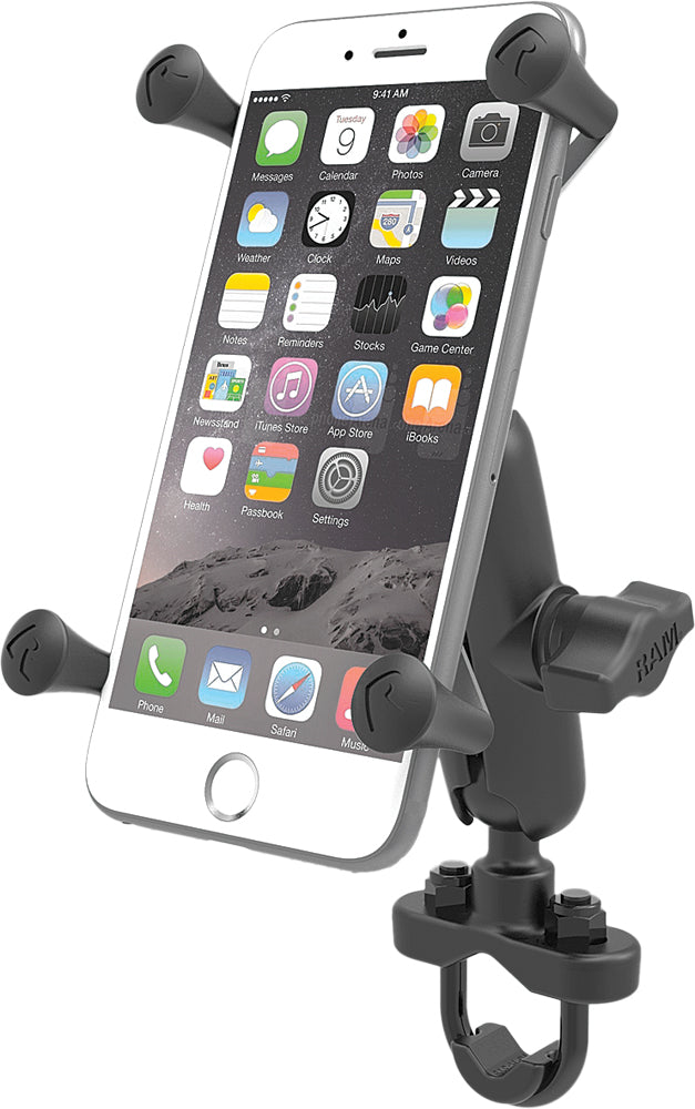Ram handlebar rail mount with U-bolt base and X-Grip large cradle for secure device attachment on motorcycles or bikes.