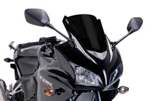 Load image into Gallery viewer, Black PUIG racing windscreen for motorcycle, showing sleek aerodynamic design and mounting hardware for high-performance riding.