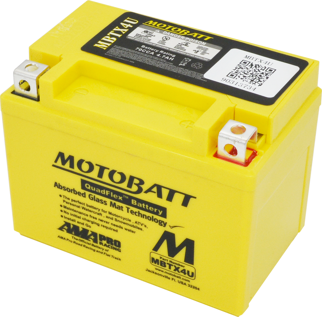 Motobatt MBTX4U sealed, factory-activated motorcycle battery with durable case and positive and negative terminals visible.