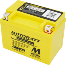 Load image into Gallery viewer, Motobatt MBTX4U sealed, factory-activated motorcycle battery with durable case and positive and negative terminals visible.