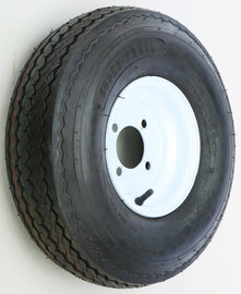 AWC trailer tire and wheel assembly with white rim, featuring a black tire mounted on a sturdy white wheel for trailer use