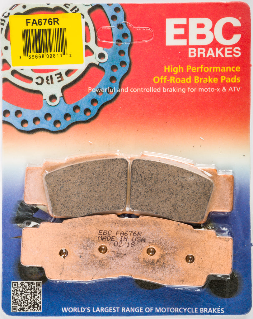 EBC Motorcycle Brakes Fa676r Sintered R Series brake pads showing metallic surface and detailed brake pad design.