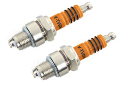 Volt Tech V-Twin Performance Spark Plug Set for electrical engine ignition, featuring durable metal and ceramic components.
