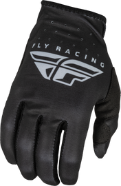 Fly Racing Lite gloves in black and grey, small size, featuring flexible fabric and grip-enhancing palms for motorcycle riding.
