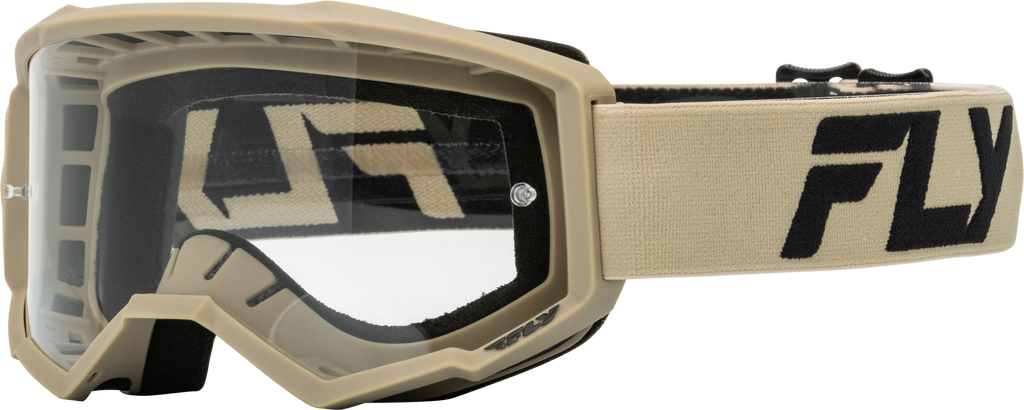 Fly Racing Focus goggle in khaki and black with clear lens, featuring adjustable strap and vented frame for motocross riding.