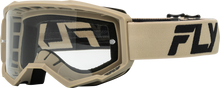 Load image into Gallery viewer, Fly Racing Focus goggle in khaki and black with clear lens, featuring adjustable strap and vented frame for motocross riding.