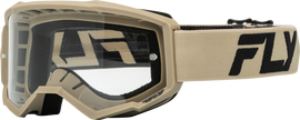 Fly Racing youth focus goggle in khaki and black with clear lens, designed for motocross or off-road riding.