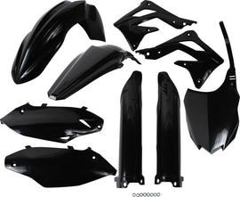 Acerbis full plastic motorcycle kit in black, includes various plastic panels and fairings for motorcycle body replacement.