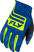 Load image into Gallery viewer, Fly Racing Lite Lancer gloves in navy and hi-vis, XL size, featuring durable construction and textured grip for motorcycle riding.