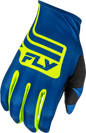 Fly Racing Lite Lancer gloves in navy and hi-vis, XL size, featuring durable construction and textured grip for motorcycle riding.