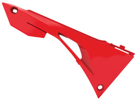 Red Polisport Plastics upper side panels for motorcycle body, model 64-06377, shown on the vehicle.