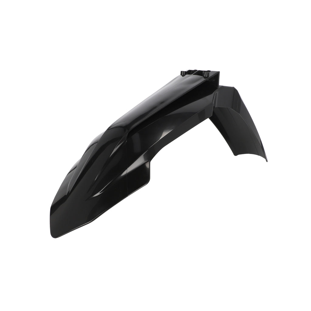 Acerbis black front fender for KTM motocross bike, made of durable body material, shown mounted on KTM motorcycle.