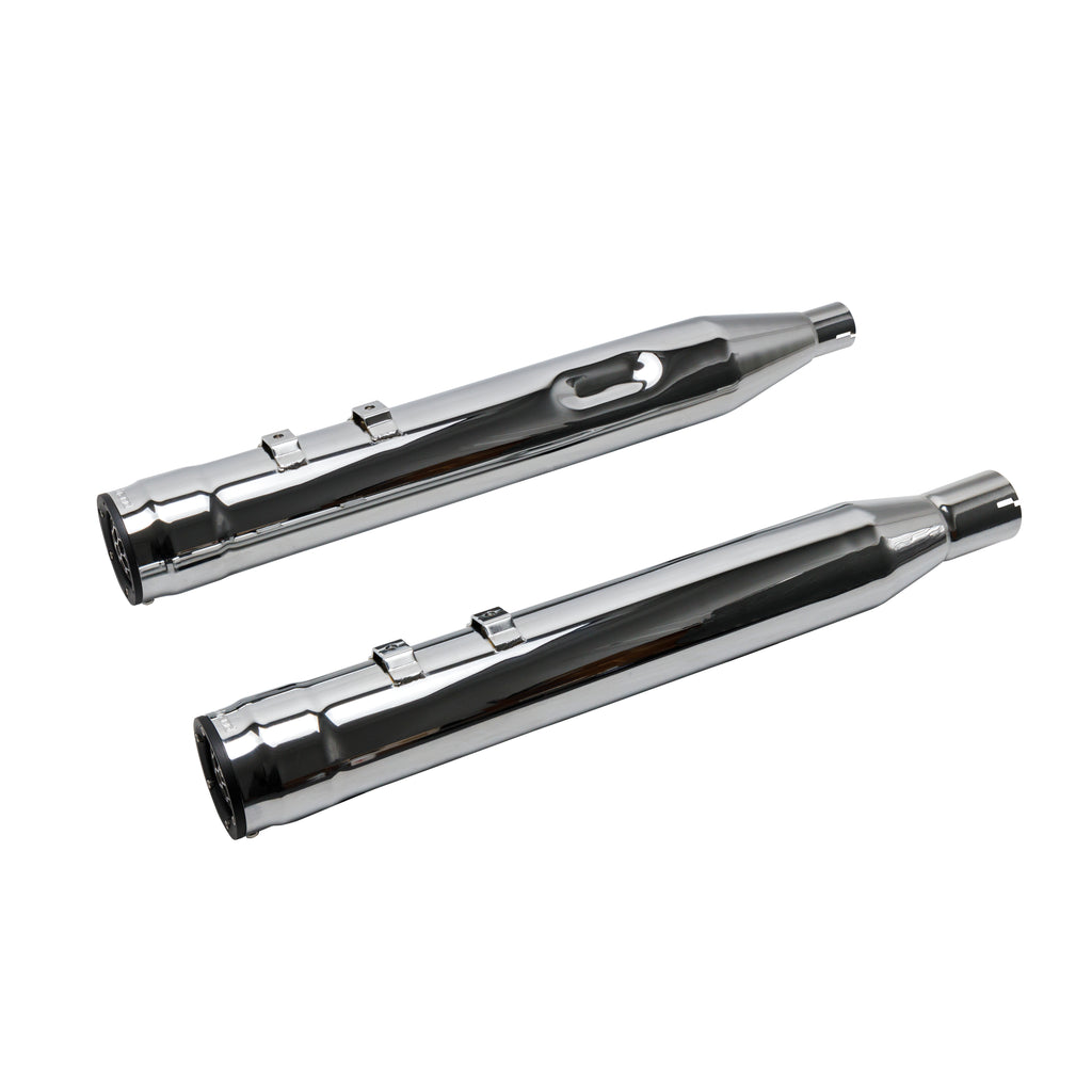 FireBrand Grand Prix Mufflers Chrome Touring exhaust for motorcycles, showcasing sleek chrome finish and dual exhaust tips.