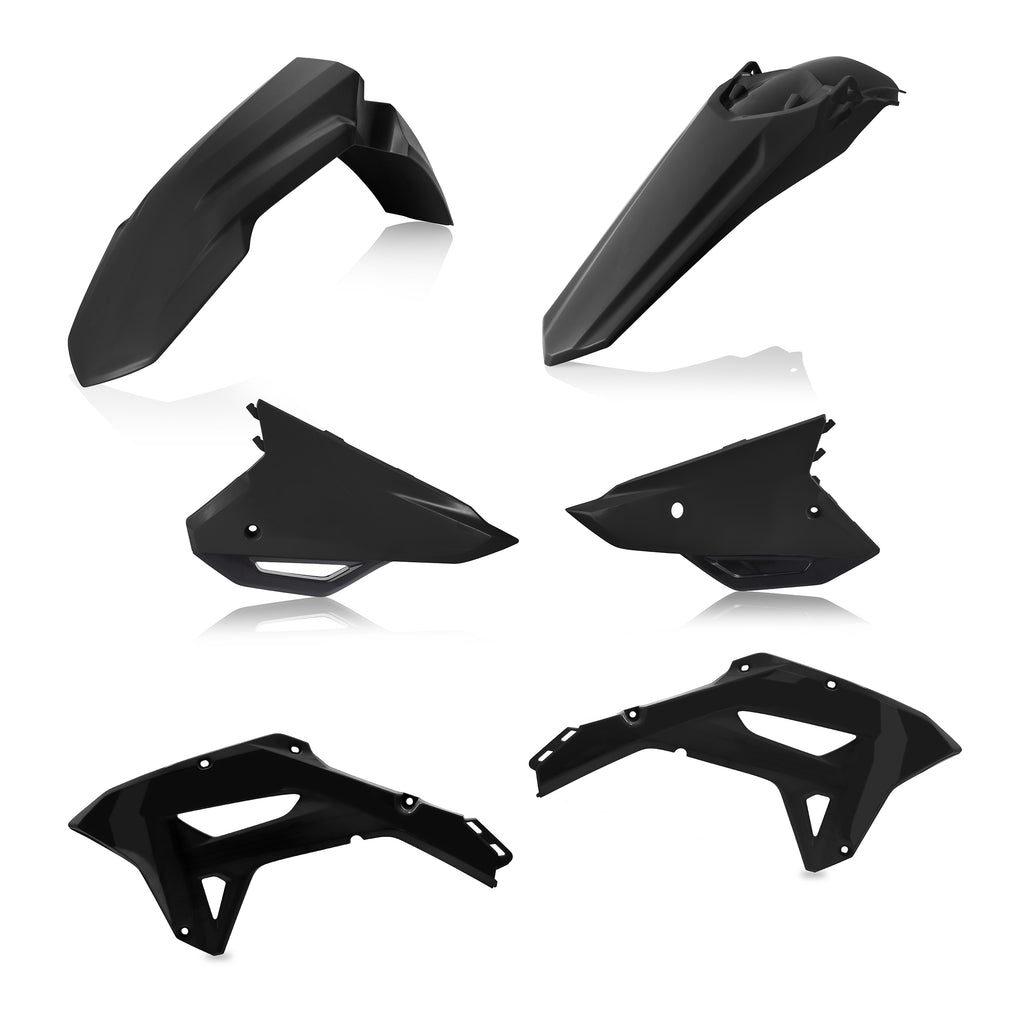 Acerbis black plastic body kit for motorcycle, including streamlined fairings and panels with Acerbis branding.