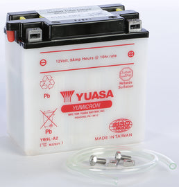 Yuasa YB9L-A2 conventional 12V motorcycle battery with positive and negative terminals, black casing, and label details.