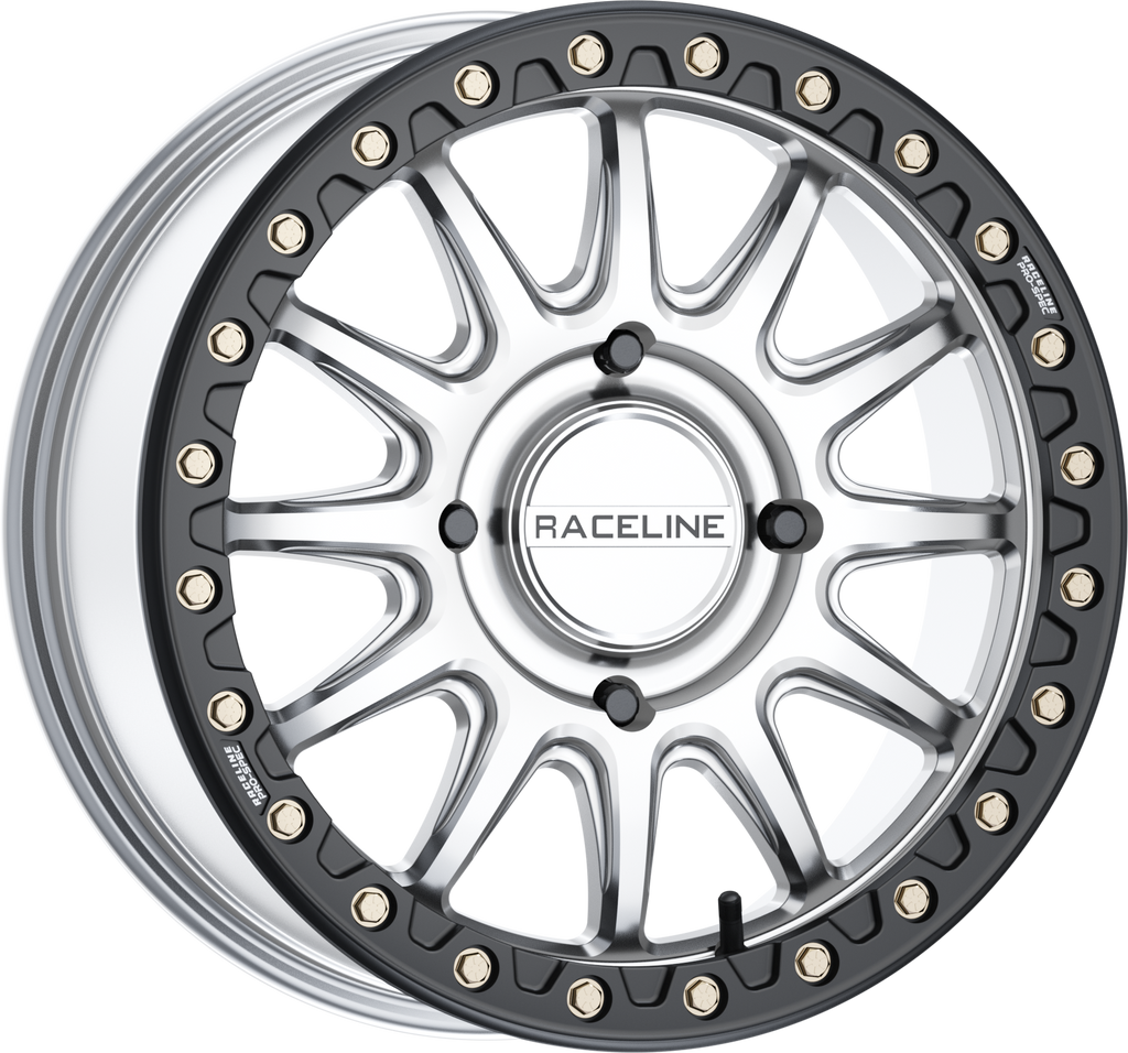 Raceline Alpha BDLK 17x7 silver and black Polaris RZR wheel with 4/156 bolt pattern and +25mm offset, off-road tire compatible