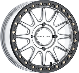 Raceline Alpha BDLK 17x7 silver and black alloy wheel for Can-Am Maverick, with 4/137 bolt pattern and +40mm offset.