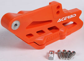Acerbis orange drive chain guide block with mounting hardware for motorcycle chain protection and alignment.