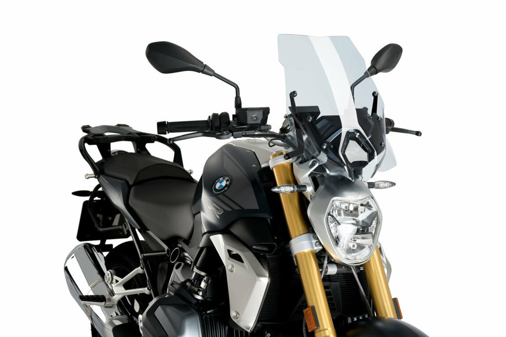 PUIG clear touring windscreen for BMW Naked New Generation motorcycle, providing wind protection and a sleek look.