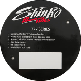 Shinko 777 tire sign with branding and promotional design, featuring bold graphics and tire-related imagery.