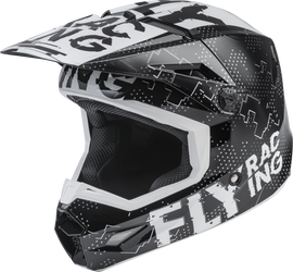 Fly Racing Youth Kinetic Scan helmet in black and white, featuring sleek design and adjustable straps, suitable for young riders.