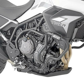 GIVI Black Tri Engine Guards for on-road motorcycles, featuring durable protective bars and sleek black finish.