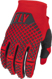 Fly Racing Kinetic gloves in red and black, featuring durable materials and a snug fit for motocross or riding activities.