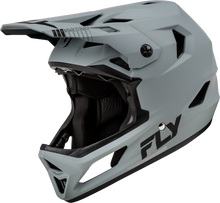 Load image into Gallery viewer, Fly Racing Rayce bicycle helmet in matte grey with adjustable straps and ventilation, designed for safe cycling.