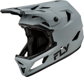 Fly Racing Rayce bicycle helmet in matte grey with adjustable straps and ventilation, designed for safe cycling.