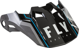 Fly Racing Formula Carbon Axon helmet visor in black, grey, and blue, displayed on a helmet with detailed close-up view.