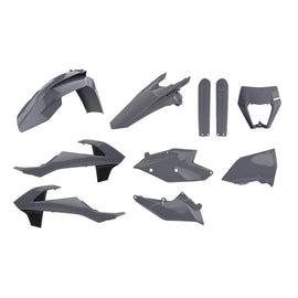 Polisport Plastics Enduro Kit with mask in Nardo Grey for KTM off-road motorcycle, includes body panels and protective gear.