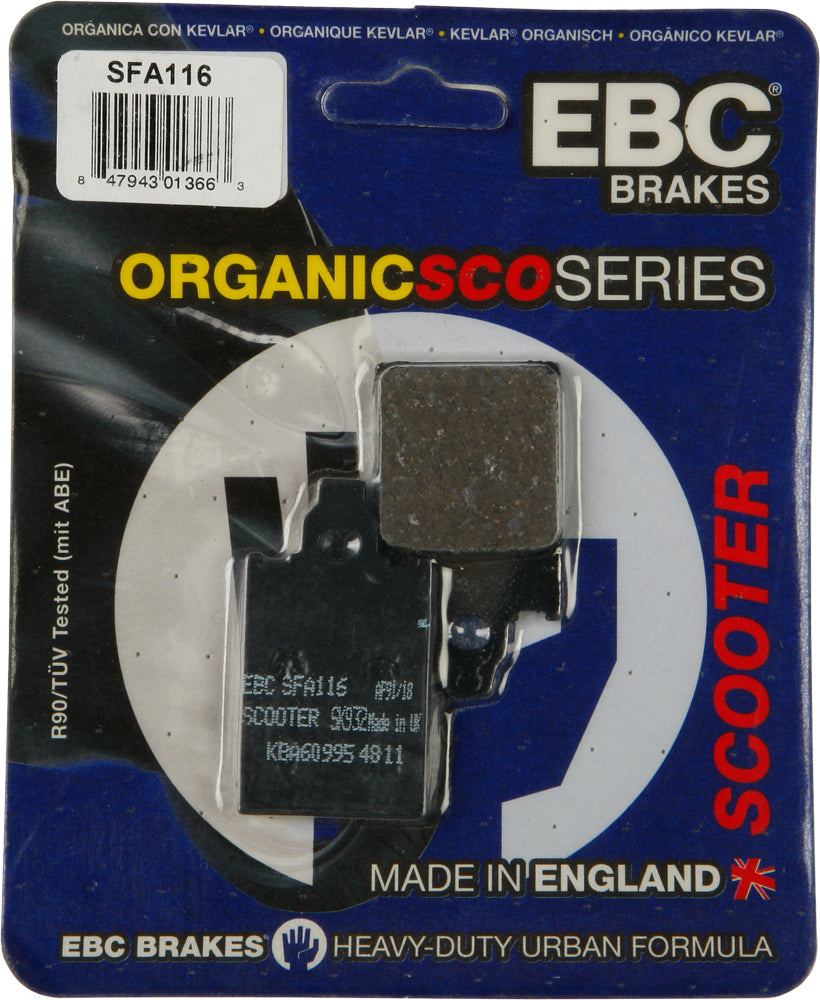 EBC Motorcycle Brakes Sfa116 organic brake pads showing the black friction material and metal backing plate.