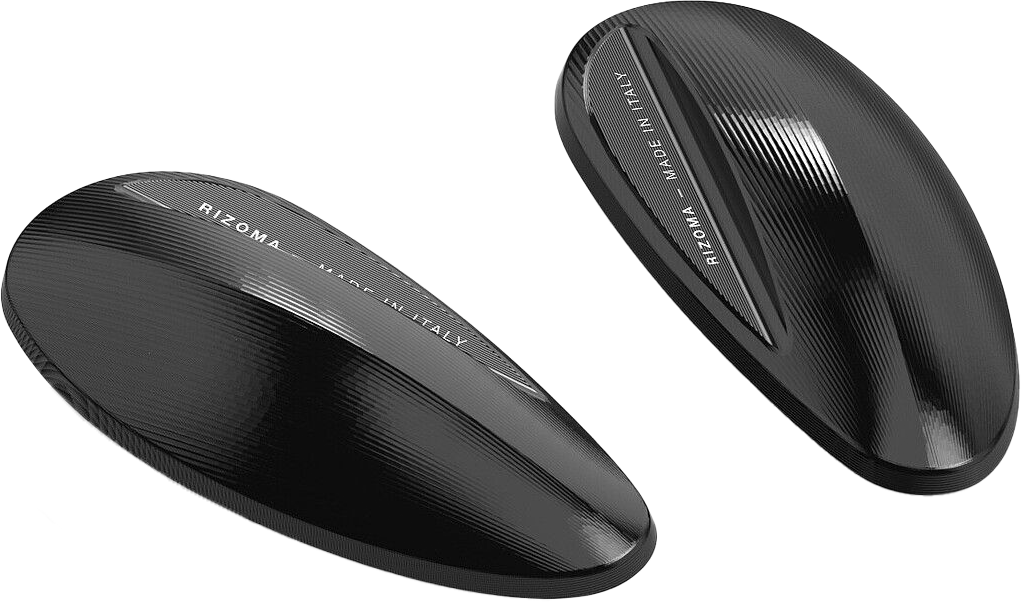 Pair of black RIZOMA Mirror Block Off Plates for motorcycle mirrors, made of durable metal with a sleek black finish.