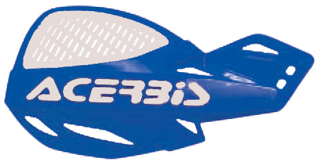 Acerbis Uniko Vented Blue Handguards installed on motorcycle handlebars, providing protection and ventilation.