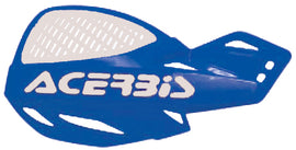 Acerbis Uniko Vented Blue Handguards installed on motorcycle handlebars, showing their vented design and bright blue color.