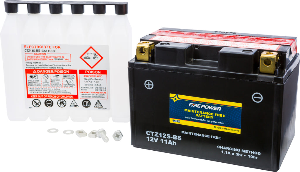 Fire Power Fire Power Battery CTZ12S-BS maintenance-free automotive battery with terminals and label visible.