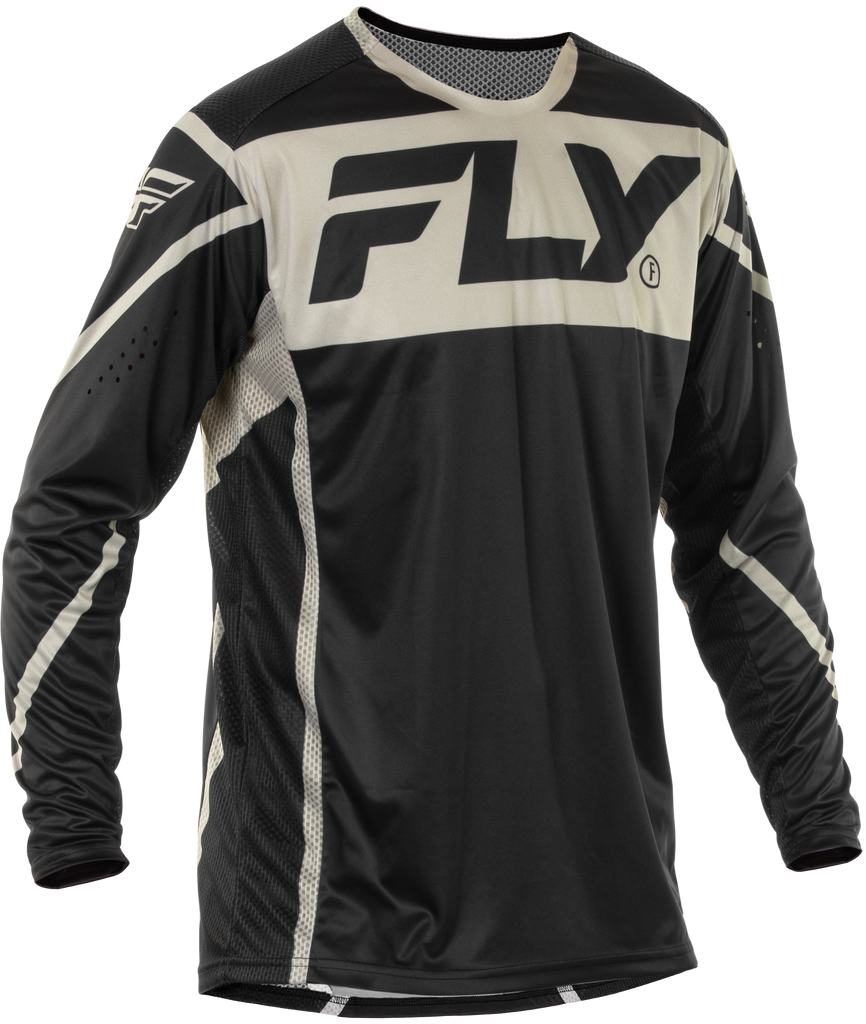 Fly Racing Lite Jersey in black and grey with long sleeves, lightweight motocross jersey with Fly Racing branding.