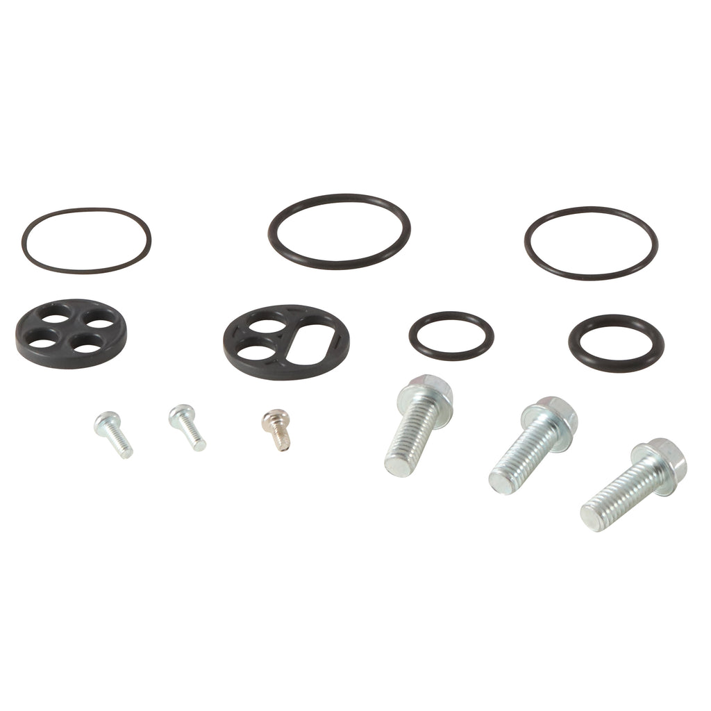 All Balls Fuel Tap Repair Kit for carburetor fuel system, showing small replacement parts and seals on a white background.