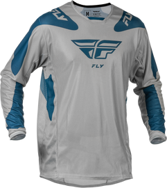 Fly Racing Kinetic Mesh Sym Jersey in grey and blue, featuring lightweight breathable fabric and athletic fit for motocross riding.