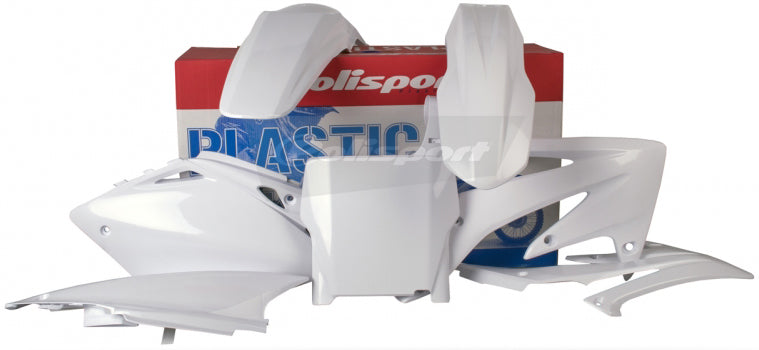 White Polisport Plastics body kit for motorcycles, featuring durable plastic panels and a sleek design.
