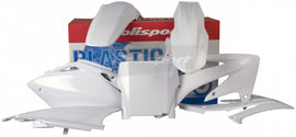 Polisport Plastics white plastic body kit for off-road bikes, includes front and rear panels with mounting points.