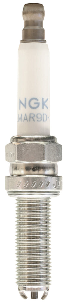 NGK Spark Plug #1633/10 2-LMAR9D-J showing the metal electrode and ceramic insulator for automotive engine ignition.