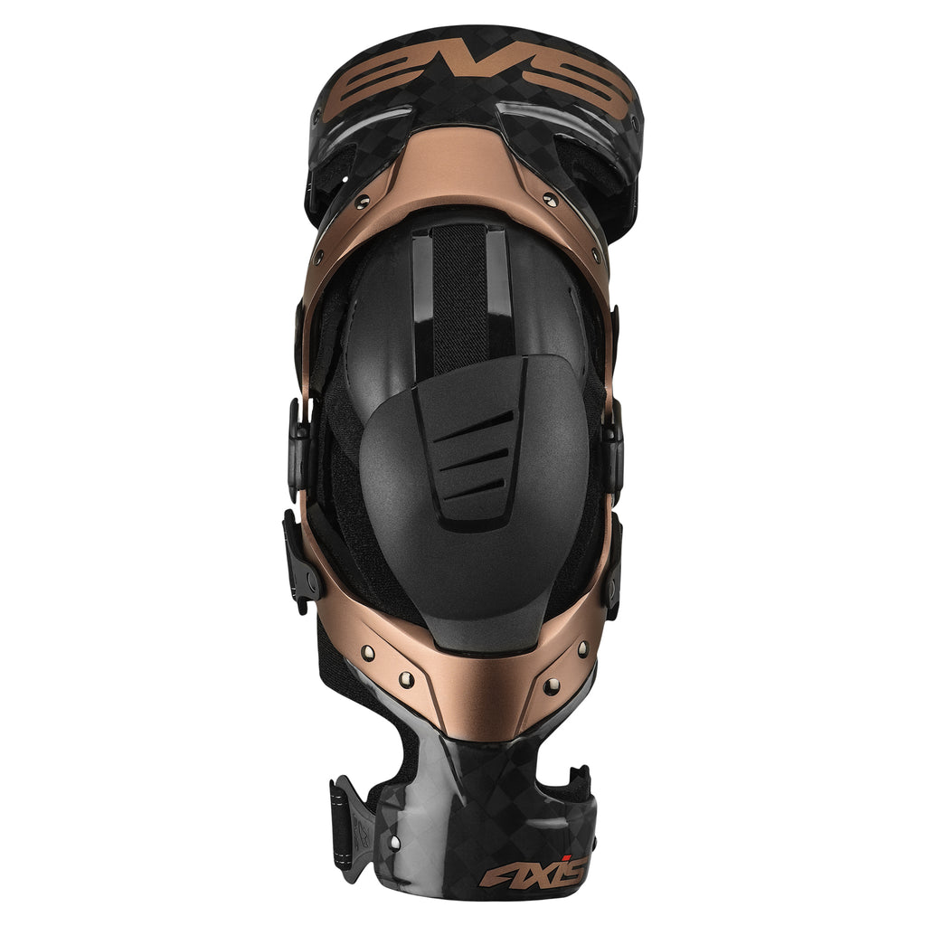 EVS Axis Pro knee brace for left leg, large size, with adjustable straps and reinforced support for athletic knee protection.