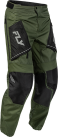 Fly Racing Patrol pants in forest green and black, size 30, featuring durable motocross gear and adjustable waist for comfort.