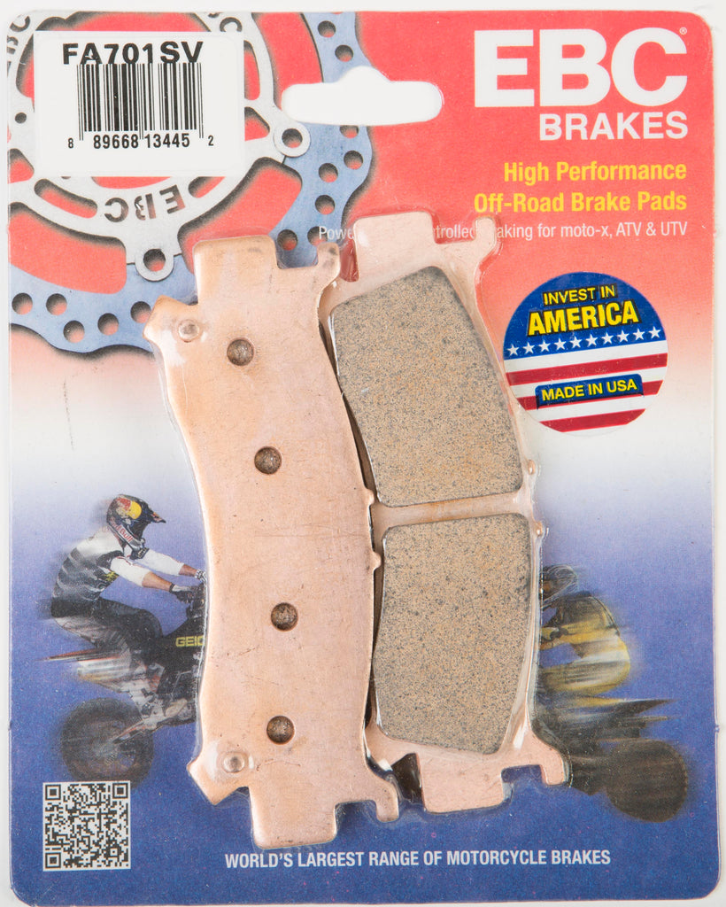 EBC Motorcycle Brakes FA701SV Severe Duty SV Series brake pads showing metallic friction material and shape for motorcycle braking.