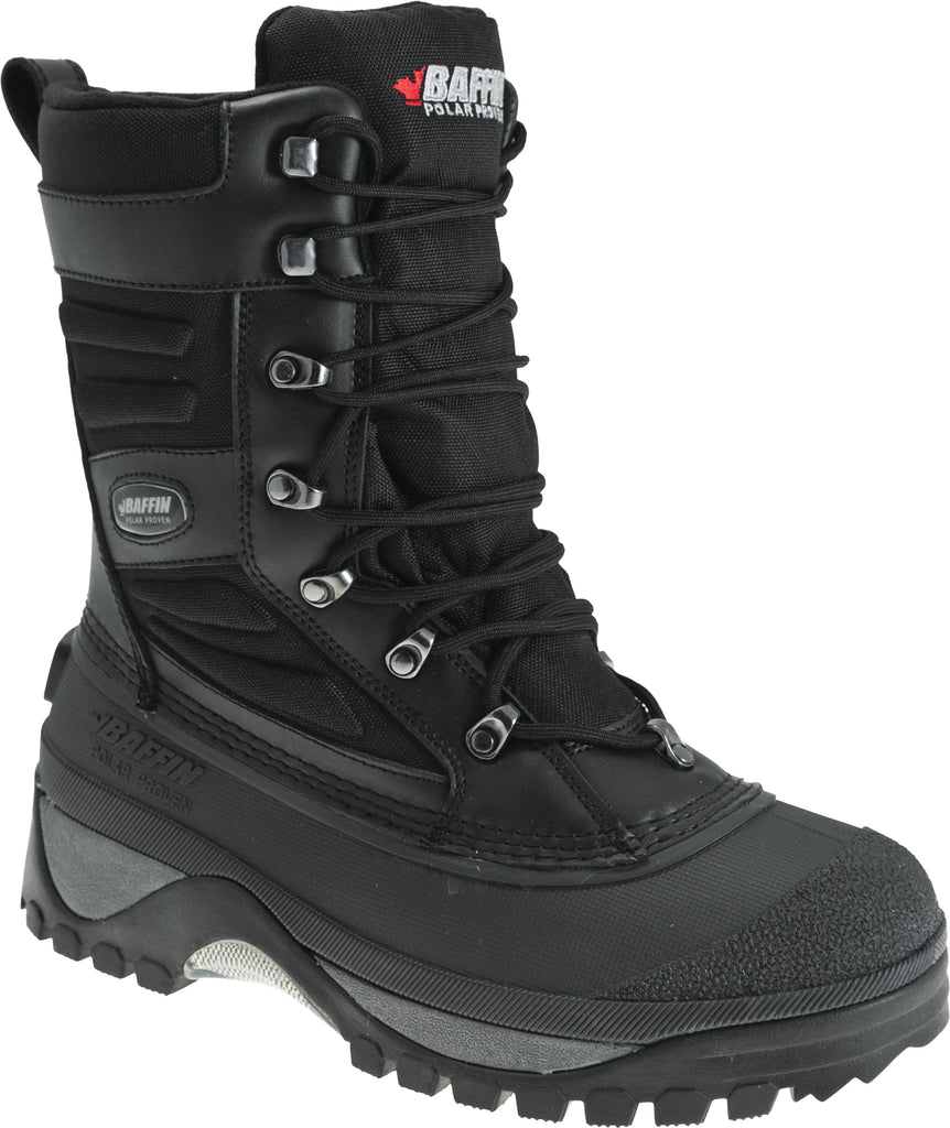 Black Baffin Inc Crossfire boots size 12, shown with rugged design, laces, and durable sole for outdoor winter wear.