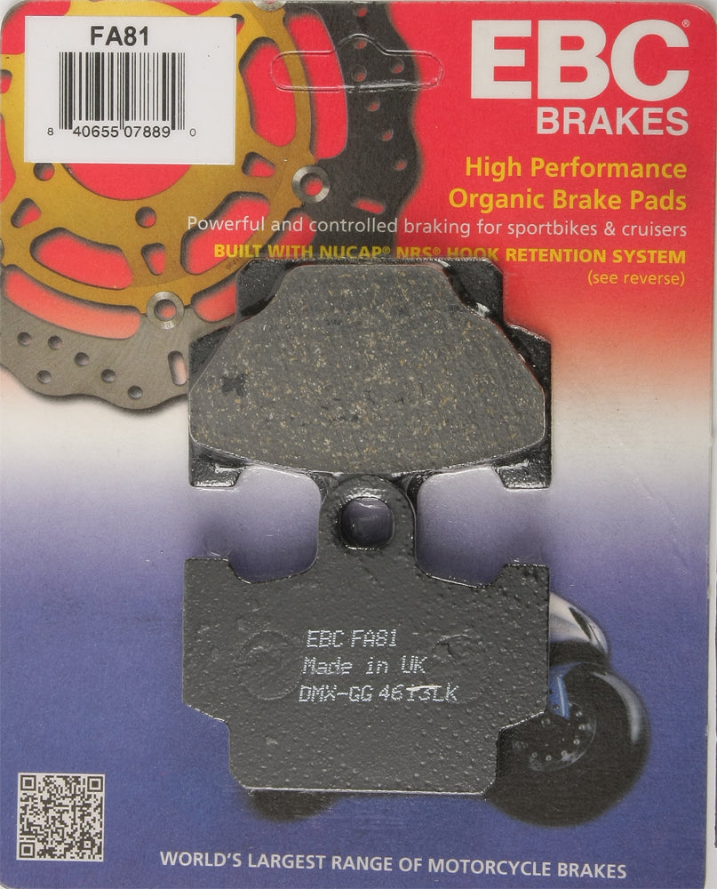 EBC Motorcycle Brakes Fa81 Organic brake pads for motorcycle, showing the black brake pad with metal backing plate.